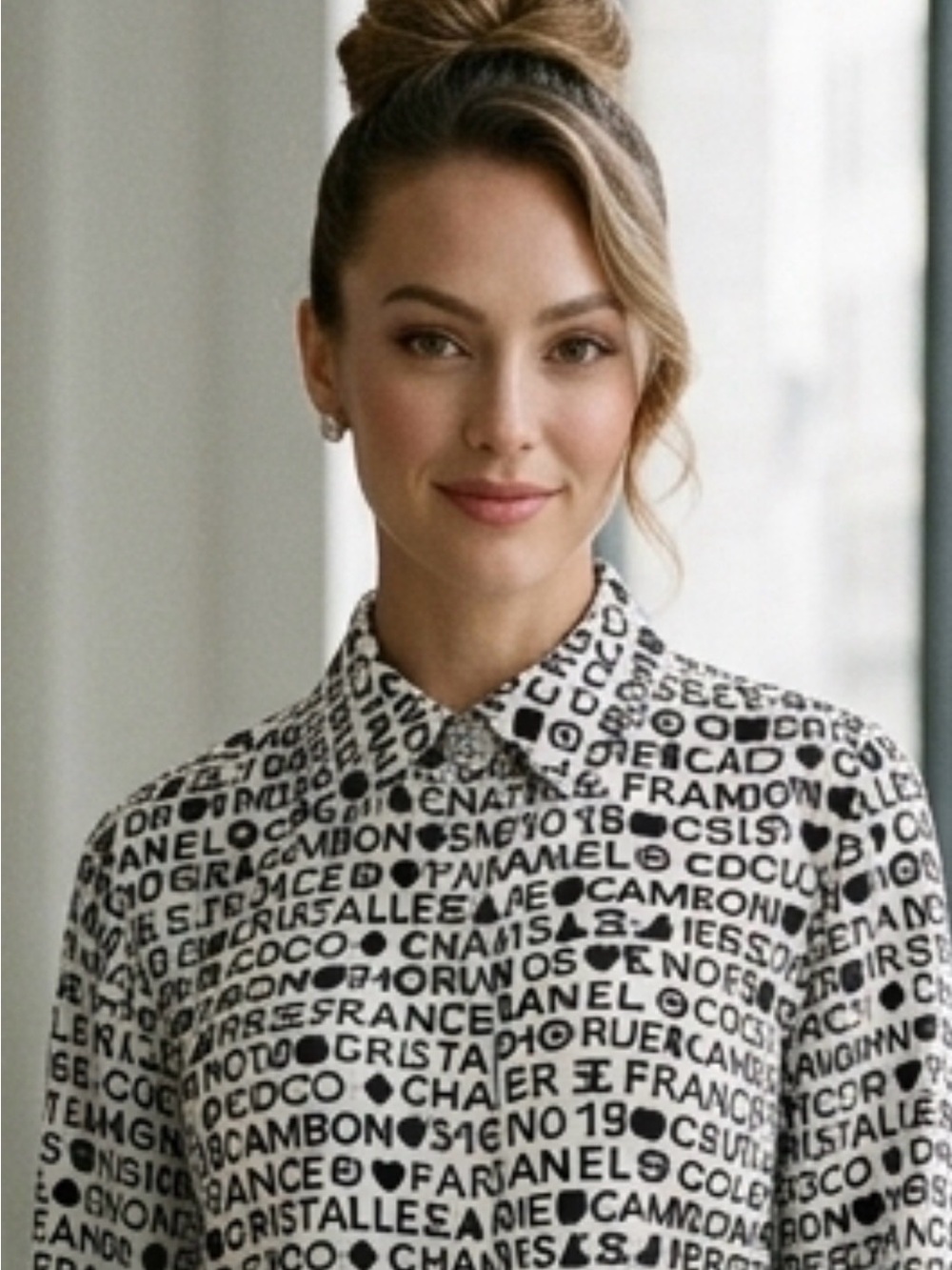 ChaneI Black & White Print Button Up Blouse with Jewel Top Interlocking C Button
